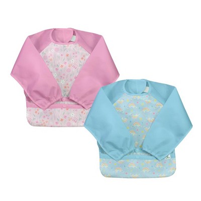 Image of Green Sprouts Snap & Go Easy-Wear Long Sleeve Bib (2 pack)-Pink Wildflowers & Aqua Rainbows-2T-4T