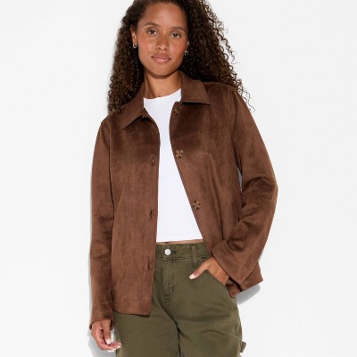 Women's Pointed Collar Faux Suede Chore Coat - Wild Fable™ Brown