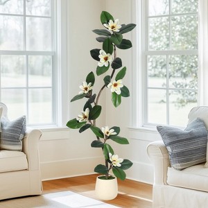 Rubber Tree Artificial Tree in White Planter Pot,Faux Plants Indoor Faux Floor Plant Artificial Plants with Magnolia Flowers for Home Decor - 1 of 4