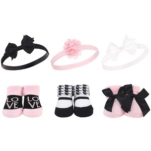 Hudson Baby Infant Girl Headband and Socks Giftset 6pc, Pink Black Love, One Size - 1 of 2
