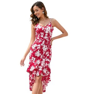 Spaghetti Strap Dress for Women V Neck Sleeveless Asymmetrical Hem Maxi Dresses Boho Floral Printed Beach Long Dress - 1 of 4