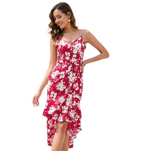 Whizmax Spaghetti Strap Dress for Women V Neck Sleeveless Asymmetrical Hem Maxi Dresses Boho Floral Printed Beach Long Dress