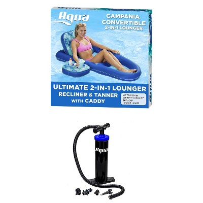 Aqua Leisure Campania 2-in-1 Convertible Water Lounger Pool Inflatable and Dual Action Hand Pump with 4 Nozzle Adapters Attachments, Teal Hibiscus