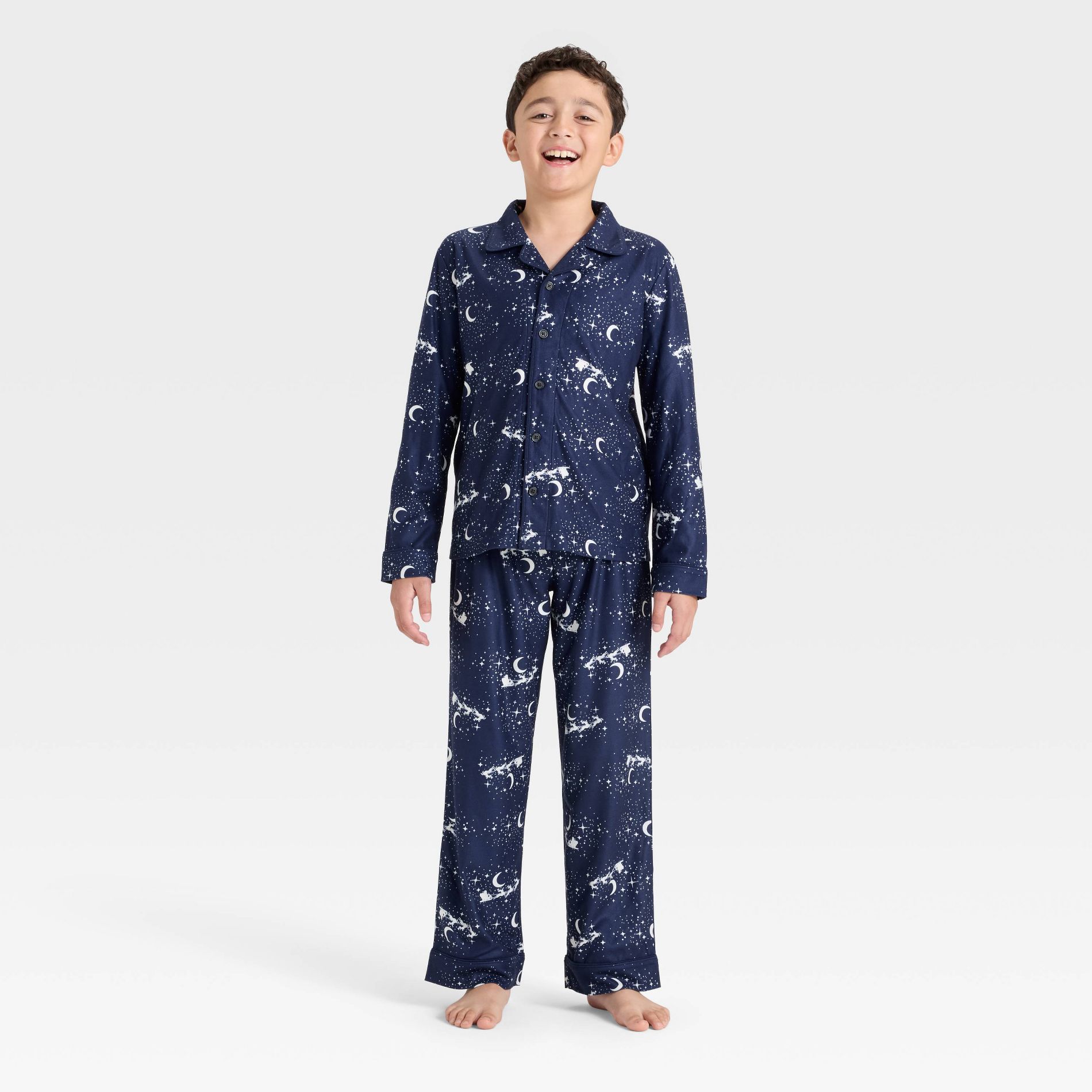 Boys' 2pc Christmas Santa Sleigh Long Sleeve Button-Down Pajama Set - Cat & Jack™ Navy Blue