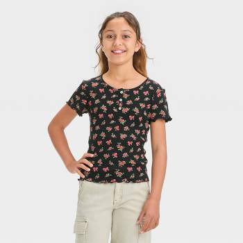 Art Class Youth Girls' Size L (10/12) Blue Floral Wrap Tie Ribbed T-Shirt