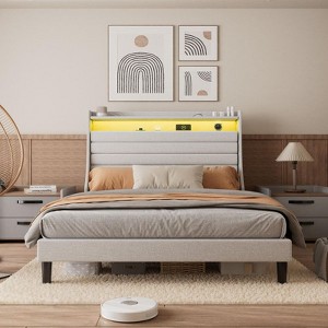 Coolmee Twin/Full/Queen Bed Frame with 2-Tier Upholstered Storage Headboard, Built in Charging Station & LED Lights, Under Bed Storage - 1 of 4