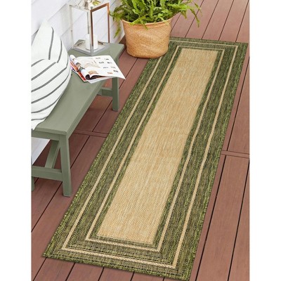 Green and Beige Flat Woven Indoor/Outdoor Runner Rug