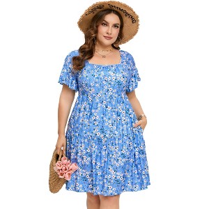 Plus Size Dress Plus Size Dress Ruffle Sleeve Flowy Dress with Pockets blue white flower 2XL - 1 of 1