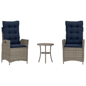 vidaXL 3 Piece Bistro Set with Reclining Chairs - Gray Poly Rattan, Navy Blue Cushions, Adjustable Backrest for Outdoor, Garden, Patio - 1 of 4