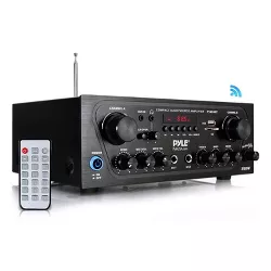 Pyle PTA24BT  250 Watt 2 Channel Compact Wireless Bluetooth Home Audio Amplifier Stereo Receiver Sound System with Microphone Inputs and Remote