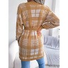 Womens Sweater Cardigan Plaid Lantern Sleeve Waist Tie Casual Cardigan Sweater Coat Khaki S - 2 of 4