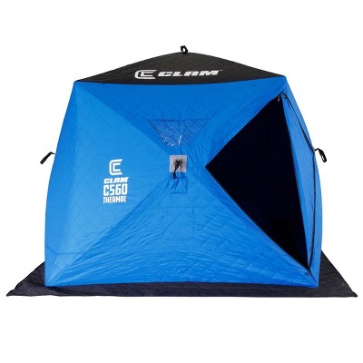 CLAM 14477 C-560 4 Person 7.5 Foot Lightweight Portable Pop Up Ice Fishing Angler Thermal Hub Shelter Tent with Anchors, Tie Ropes, and Carrying Bag