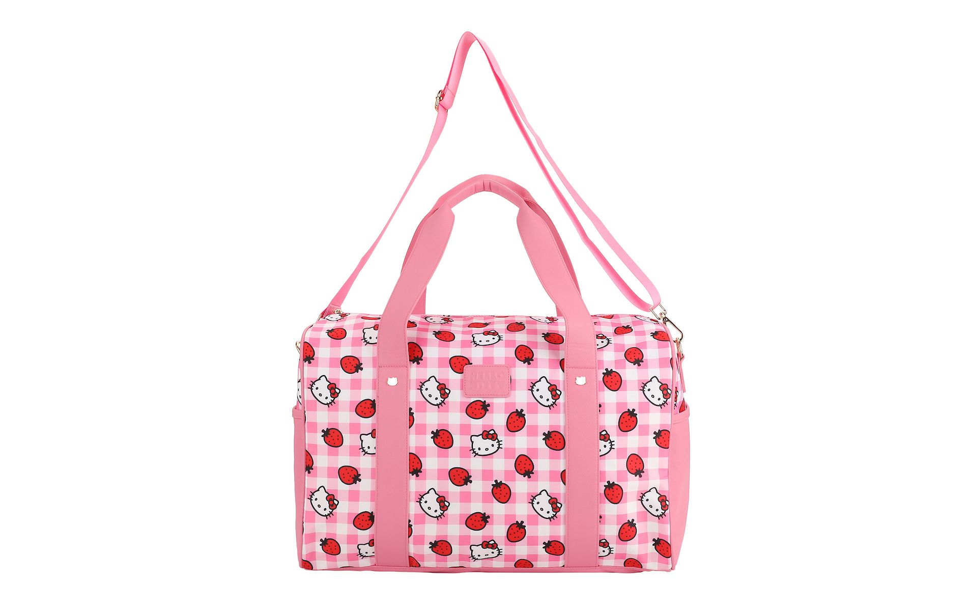 Hello Kitty Character & Strawberries All-Over Print Pink Plaid 20" Duffel Bag