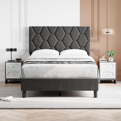 Platform Bed Frame with Upholstered Headboard and Wooden Slats Support, Upholstered Mattress Foundation/No Box Spring Needed/Easy Assembly