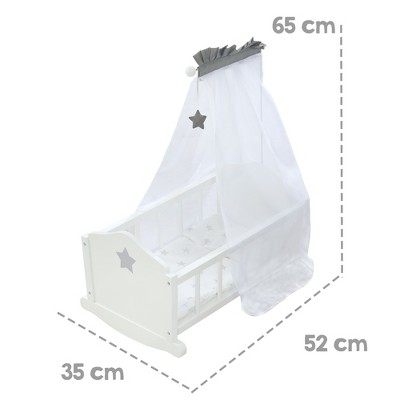 White and Gray Wooden Doll Cradle with Star Canopy