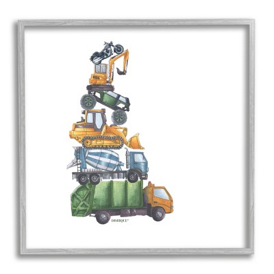 Stupell Industries Balancing Trucks Construction Vehicles Stacked Automobiles Black Framed Giclee Art