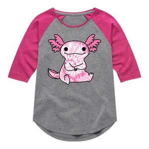 Girls' - Instant Message - Tie Dye Axolotl Shirt Tail Raglan Graphic T-shirt - 1 of 4