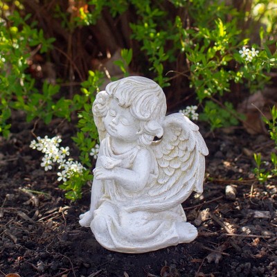Distressed Ivory Sitting Cherub Angel with Bird Garden Statue