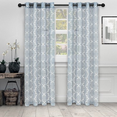 Decorative Quatrefoil Embroidered Sheer Curtain Set With 2 Panels And 8 ...