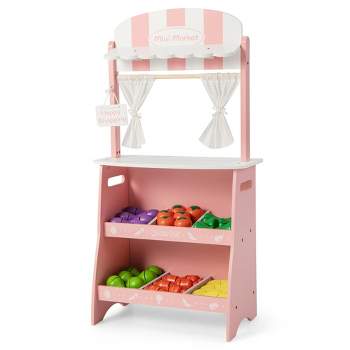 Costway Kid's Farmers Market Stand Wooden Grocery Store Set w/ Cutting Veggies & Fruits Pink\Blue