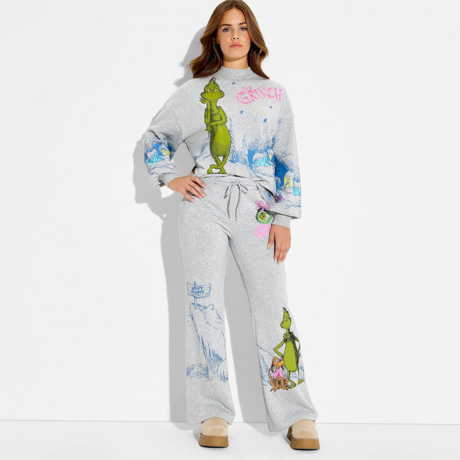 Women's Grinch Wide Leg Graphic Pants - Heather Gray
