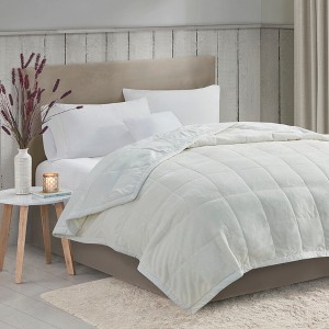Reversible Plush to Microfiber All Season Throw, Down Alternative with HeiQ Smart Temp, Box Stitch Design, Ivory, Full/Queen - 1 of 4