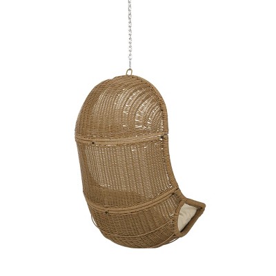 Light Brown and Beige Wicker Hanging Basket Chair with Cushions