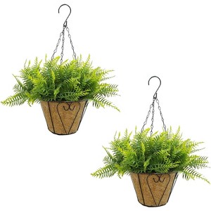 2-Pack UV Resistant Hanging Artificial Ferns with Basket - Faux Outdoor Plants for Porch, Patio, Balcony & Garden Decor - 1 of 4
