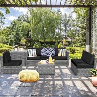6-Piece Black Wicker Rattan Outdoor Sofa Set with Storage Table