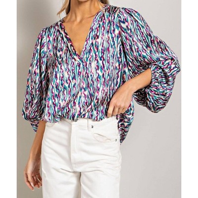 Women's Retro Print V Neck Bubble Sleeve Blouse - ee:some