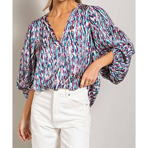 Women's Retro Print V Neck Bubble Sleeve Blouse - ee:some - image 1 of 4