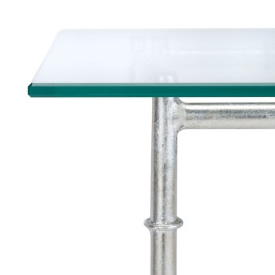 Transitional Silver Leaf Faux Bamboo 22" Square Metal & Wood Accent Table