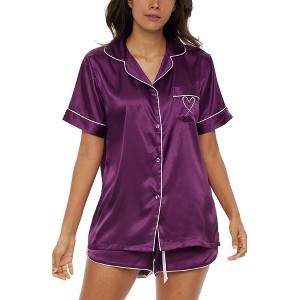 ADR Womens Satin Pajamas Set, Silk like Short Sleeve Top and Shorts with Pockets - 1 of 4