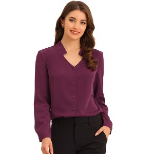 Allegra K Women's Elegant V Neck Work Office Button Up Shirt - 1 of 4