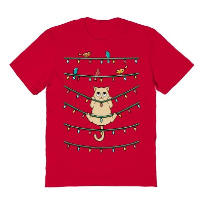 Rerun Island Men's Cat And Birds Christmas Short Sleeve Graphic Cotton T-Shirt