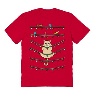 Rerun Island Men's Cat And Birds Christmas Short Sleeve Graphic Cotton T-Shirt - 1 of 1