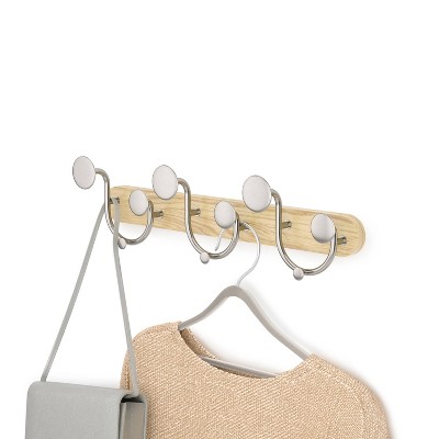 Natural Wood and Nickel 9-Hook Wall Mounted Coat Rack