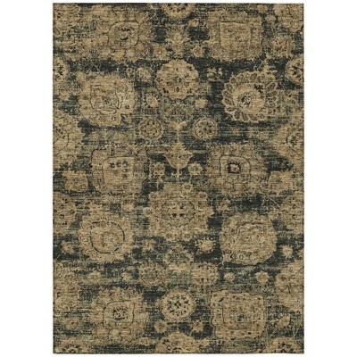 Charcoal Gold And Tan Floral Washable Indoor Outdoor Area Rug