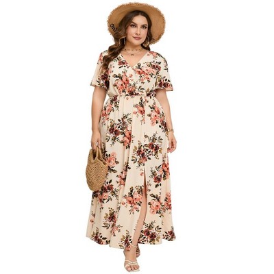 Women Plus Size Wrap Maxi Dress Short Flutter Sleeves Empire Waist Split A Line Boho Casual Dress