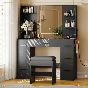 Vanity Desk with Lights, Large Makeup Vanity with Mirror and Chair, Power Outlet - 1 of 4