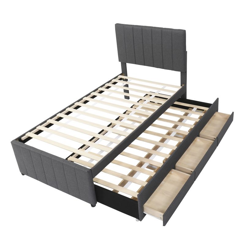 Twin Size Linen Upholstered Platform Bed with Trundle and 3 Drawers - ModernLuxe, 4 of 13