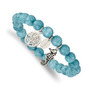 Chisel Stainless Steel Antiqued and Seahorse and Tree of Life 8mm Blue Dyed Jade Beaded Stretch Bracelet - 1 of 4