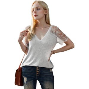 Anna-Kaci Women's Lace Short Sleeve T-Shirt V Neck Cotton Summer Casual Tops Tee Shirts- Medium, Light Gray - 1 of 4