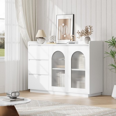 48" Storage Cabinet Sideboard Buffet Cabinet Modern Kitchen Buffet Table with 3 Drawers, Glass Doors, Coffee Bar for Kitchen, Dining Room