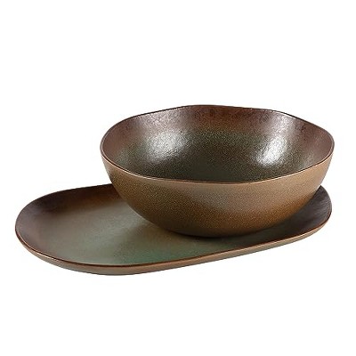 Bloomhouse - Oprah's Favorite Things - Palermo Sun 2 Piece Serving Bowl and Oval Platter Stoneware Reactive Glaze Serveware Set - Cardamom Green