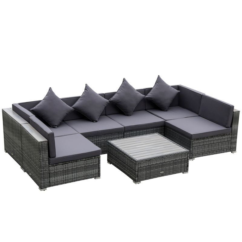 Outsunny 7-Piece Outdoor Wicker Sofa Set, PE Rattan Sectional Furniture Patio Couch w/ Acacia Top Coffee Table & Cushion for Garden, Backyard,, 4 of 7