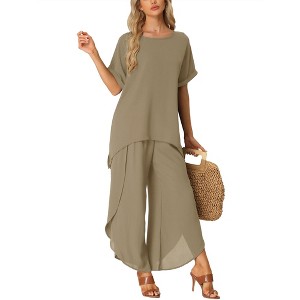 cheibear Women's Casual Short Sleeve Loose Fit Sleepshirt with Long Pants 2-Piece Loungewear Sets - 1 of 4