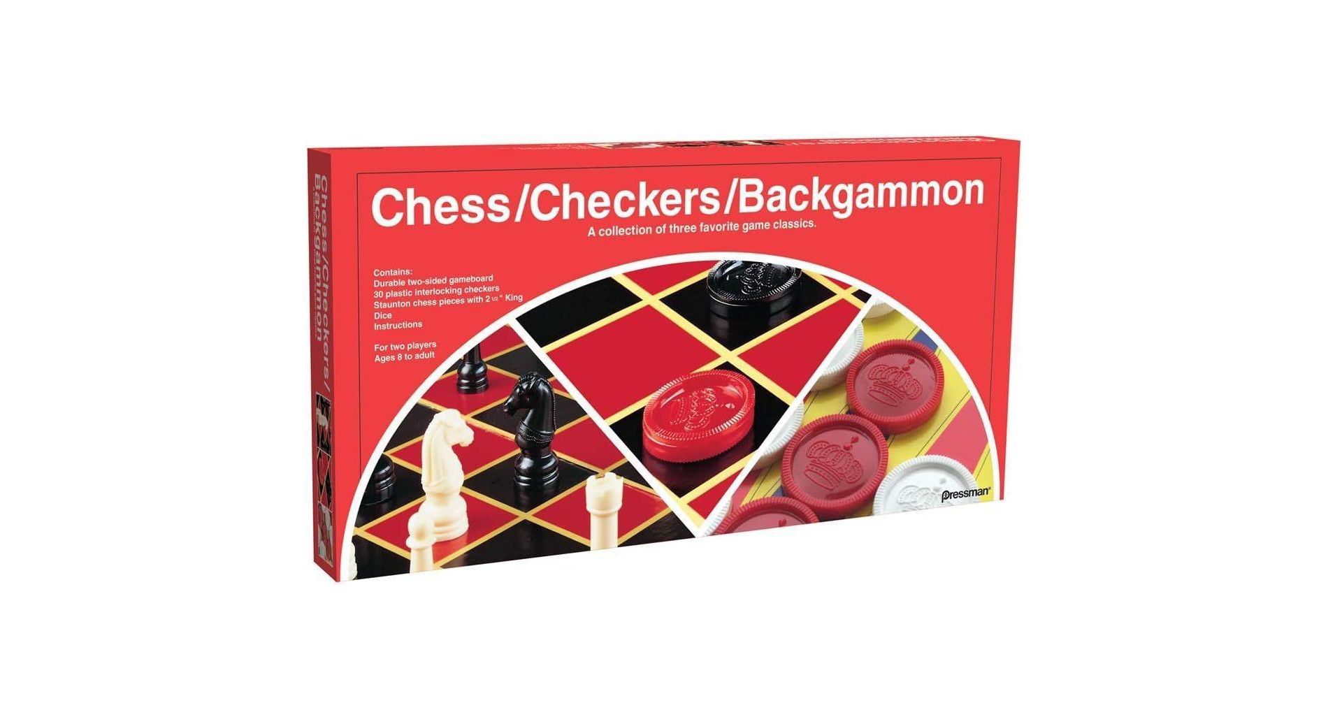 Pressman Chess/Checkers/Backgammon 3 Games In 1 With Full Size Staunton Chess Pieces and Interlocking Checkers/Backgammon Pieces