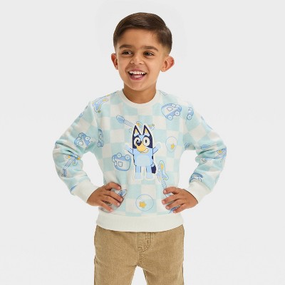 Image of Toddler Boys' Bluey Faux Shearling Applique Patch Checkered Fleece Pullover - Blue 18M