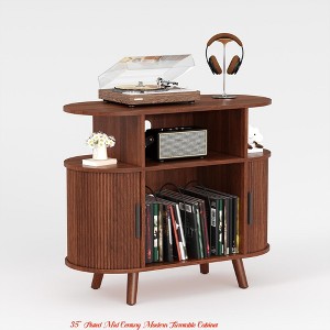 Round Mid-Century Record Player Stand w/ Charging Station & Vinyl Storage - Rustic Media Console with Open Shelves - 1 of 4